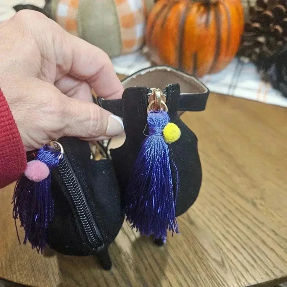 Betsey Black Suede Heeled Sandals with Purple Tassels - Picture 5 of 8